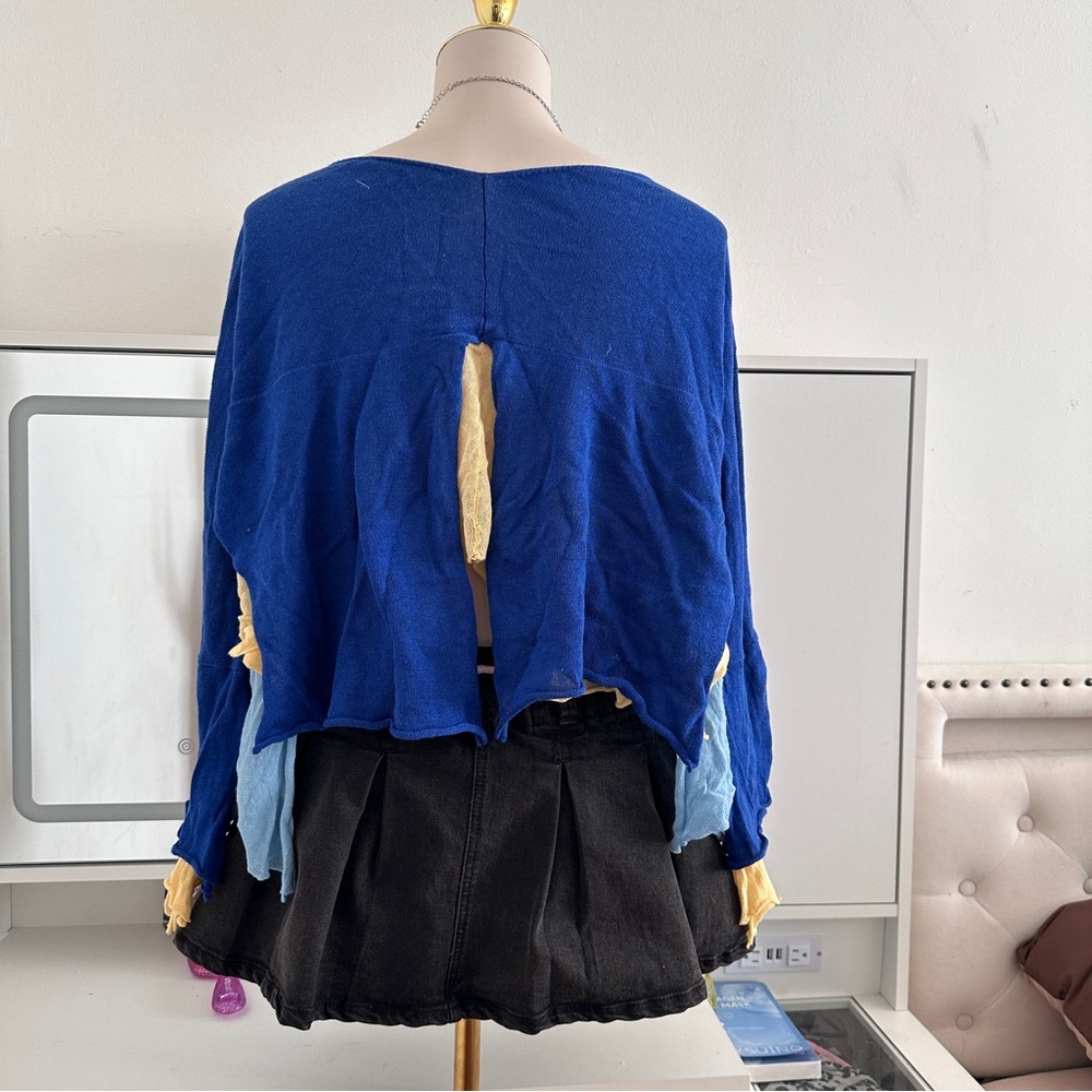 Issey Miyake Blue and Yellow Distressed cardigan